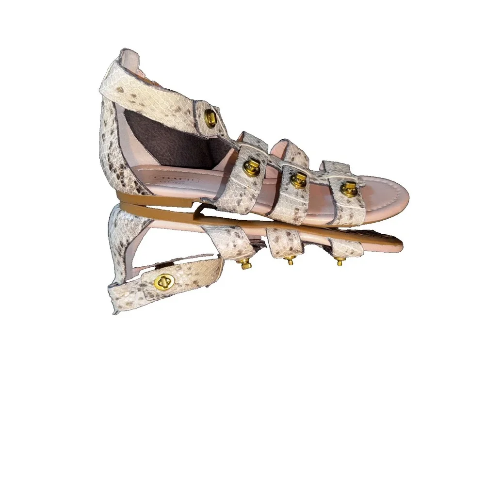 COACH Oleta Gladiator Sz 6B Turn-lock Ankle Sandal Flats Snakeskin Leather retro